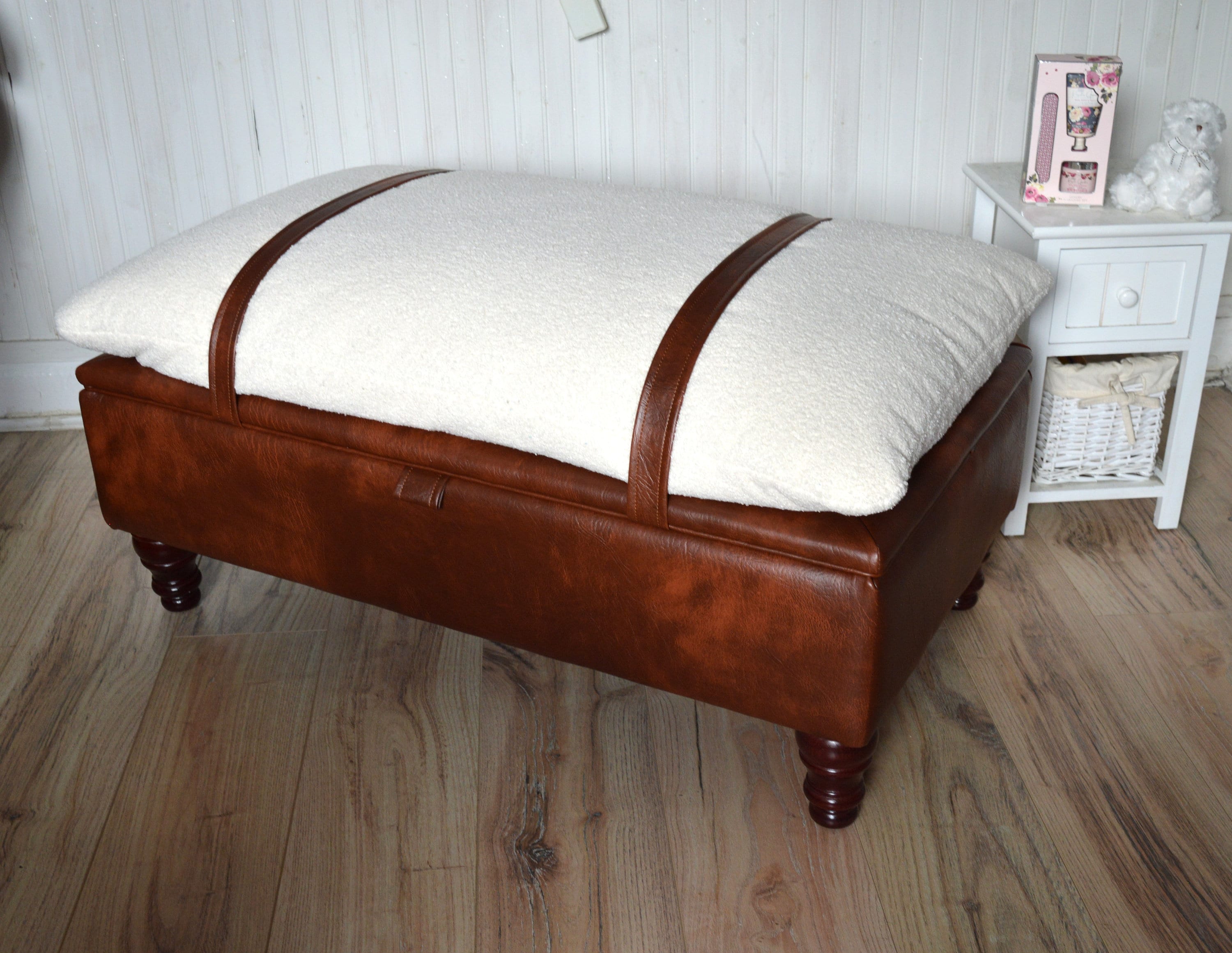 Mayfair Ottoman Footstool With Storage in Ivory Boucle Fabric With Chestnut Faux Leather Base