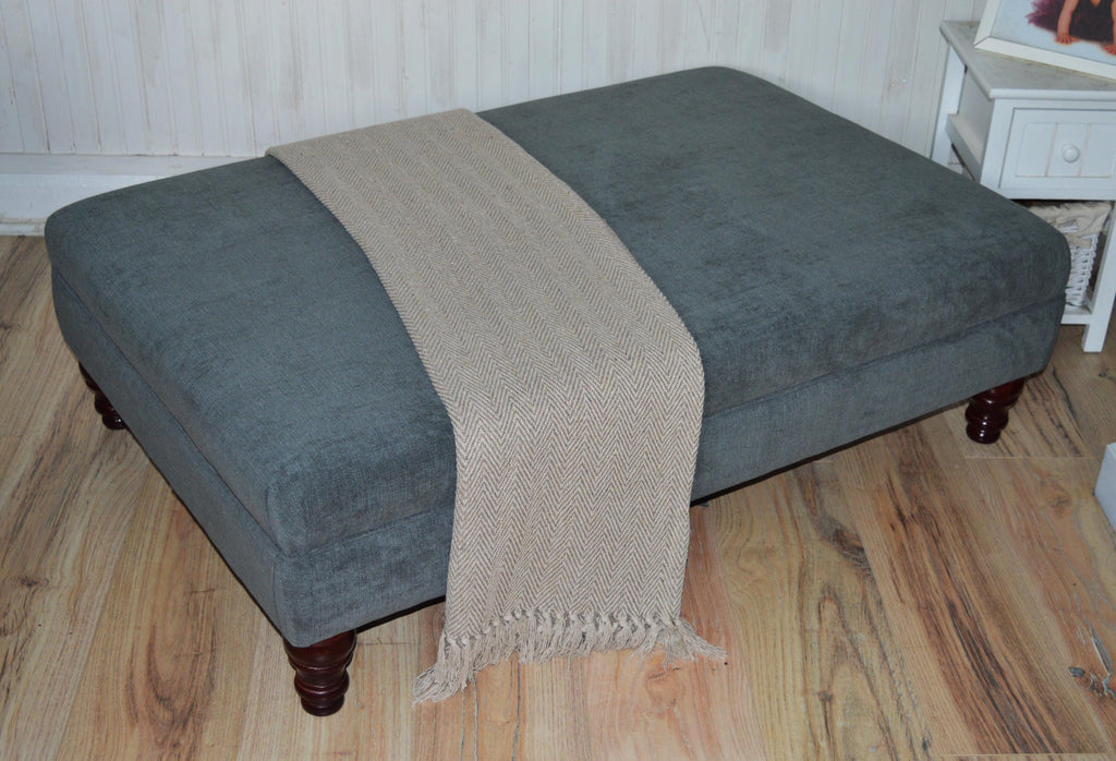 Extra Large Size Flat Top Footstool With Piping Detail  in Grey Velvet With Mahogany Turned Hard Wood Legs