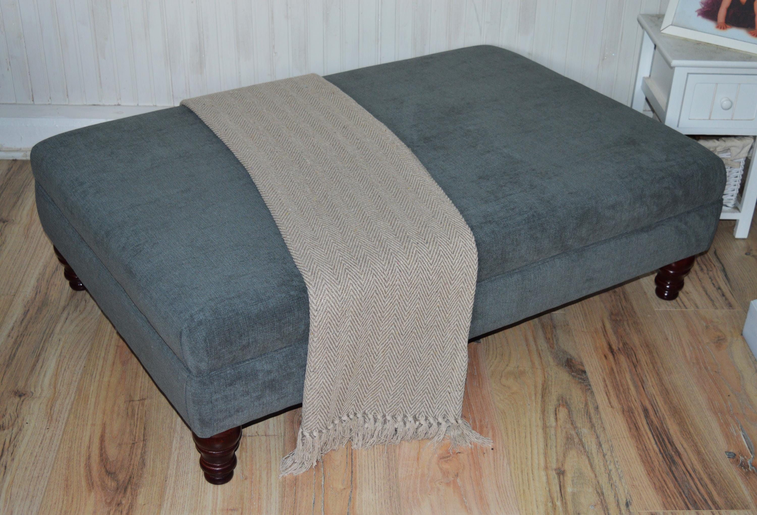 Extra Large Size Flat Top Footstool With Piping Detail  in Grey Velvet With Mahogany Turned Hard Wood Legs