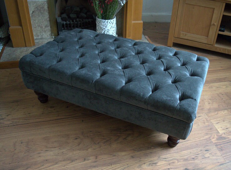 Chesterfield Deep Buttoned Footstool in  Crush Charcoal Fabric With Turned Wood Legs