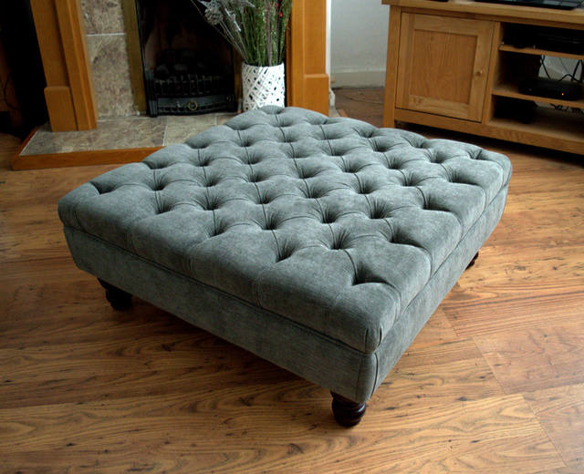 Square Chesterfield Style Deep Buttoned Footstool in Casino Crush Charcoal Grey  Fabric With Turned Hard Wood Legs