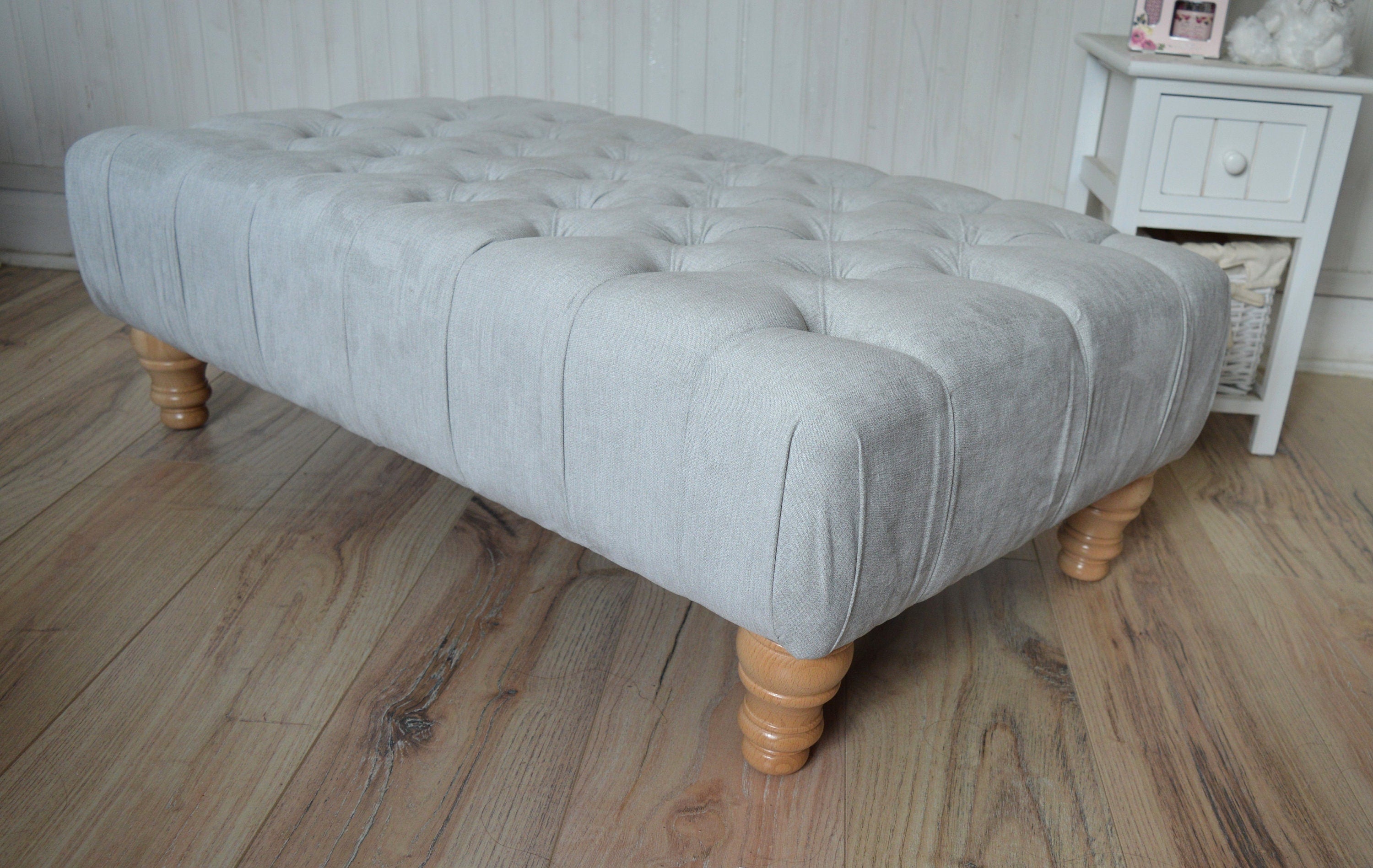 Chesterfield Style Deep Buttoned Footstool in Casino Silver Fabric  With Oak Hardwood Legs