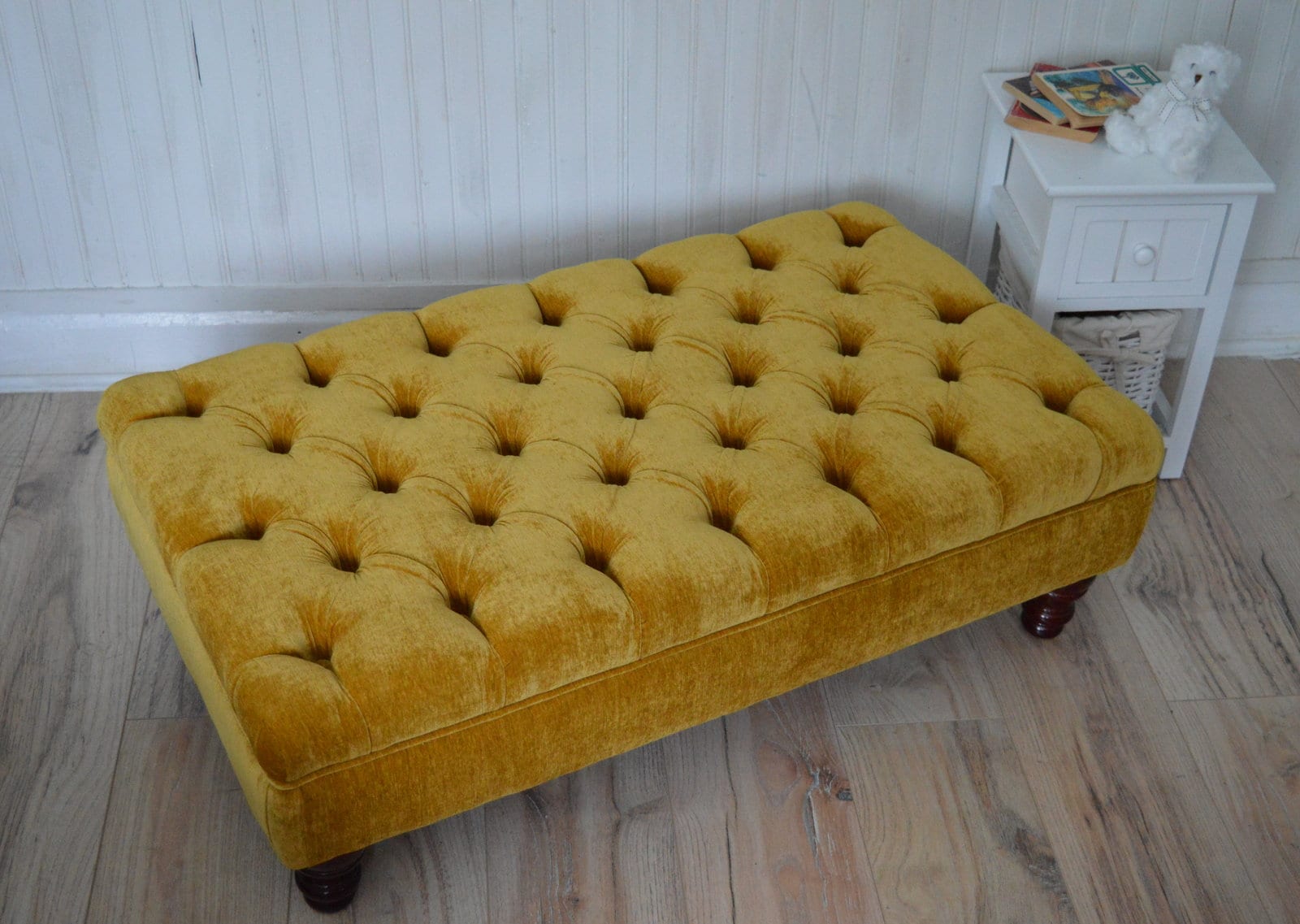 Chesterfield Deep Buttoned Footstool in a Plush Turmeric Velvet With Mahogany Turned Hard Wood Legs