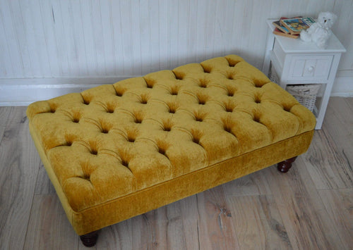 Chesterfield Deep Buttoned Footstool in a Plush Turmeric Velvet With Mahogany Turned Hard Wood Legs