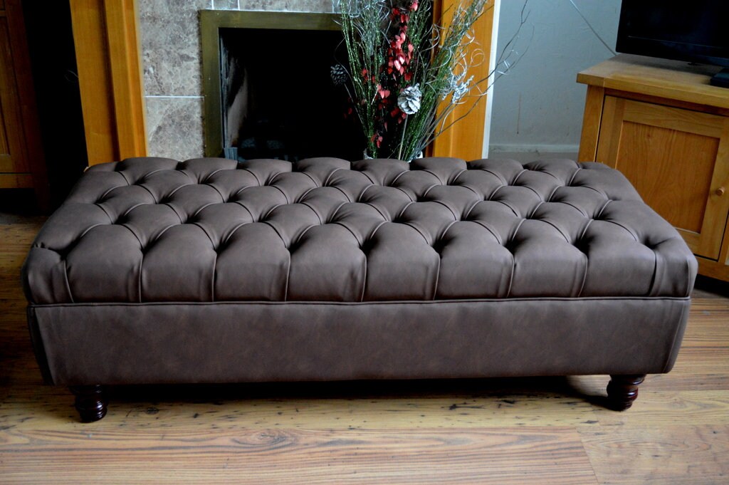 Chesterfield Extra Long Deep Buttoned Footstool in  Chocolate Faux Leather With Turned Hardwood Legs