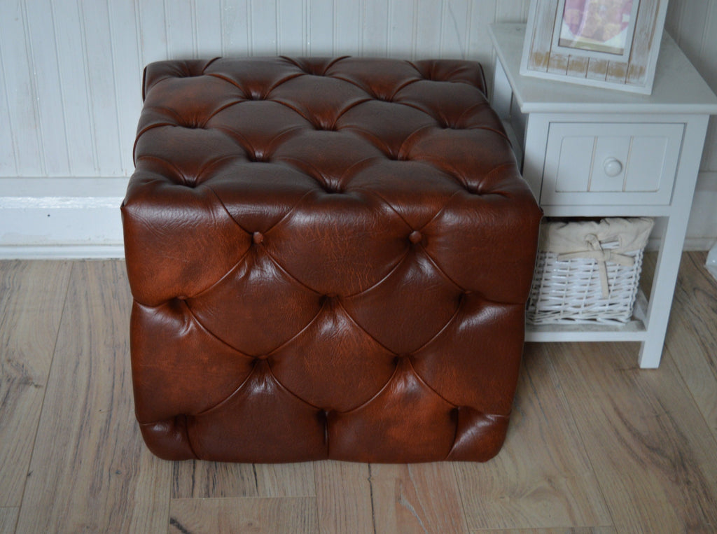 Deep Buttoned All Over Cube Footstool Upholstered In a Premium Chestnut Faux Leather