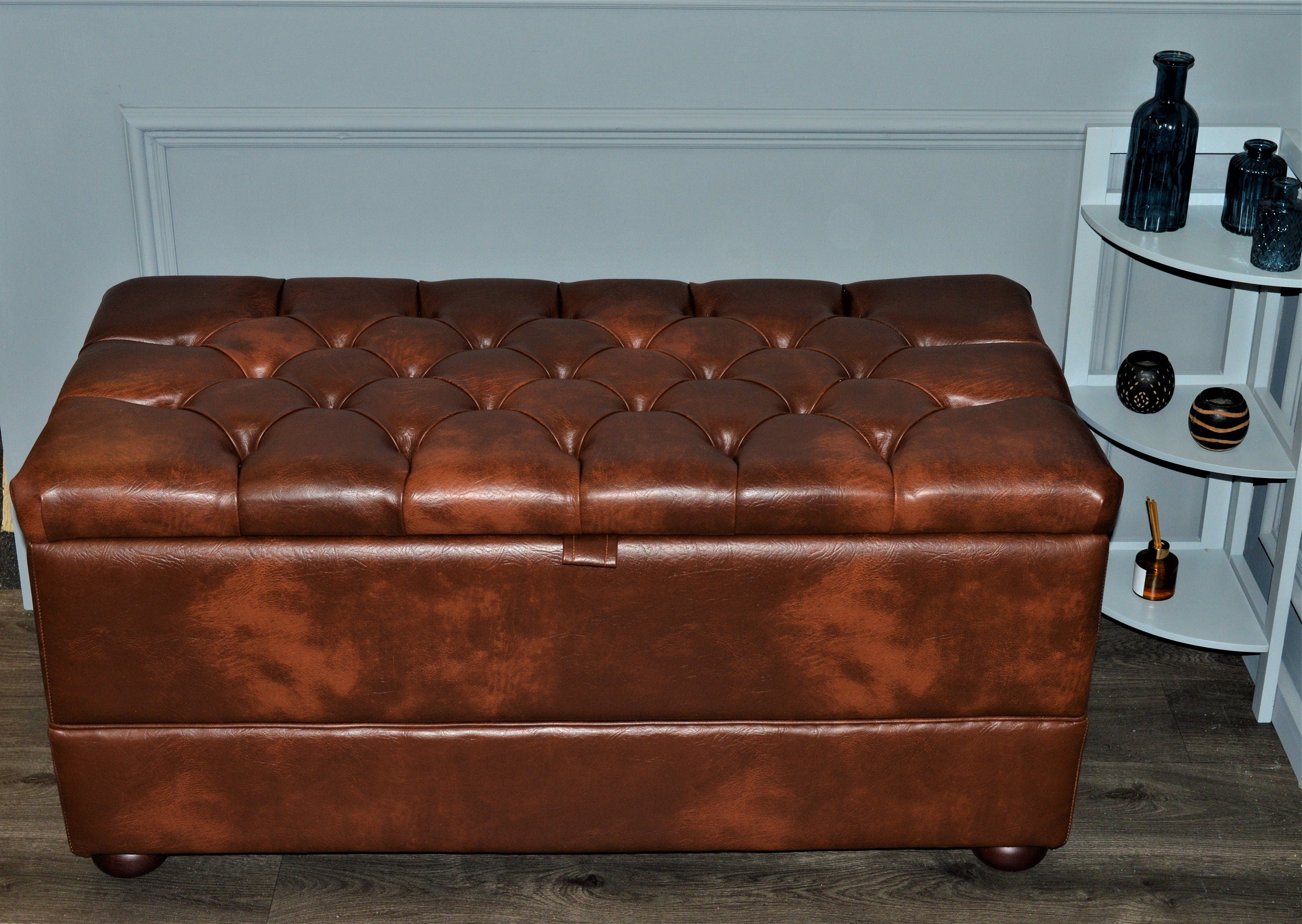 Chesterfield Style End of Bed Storage Bedding Box  in Premium Chestnut Faux Leather