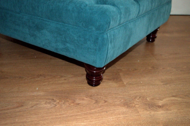 Square Chesterfield Style Deep Buttoned Footstool in Casino Crush Teal Fabric With Turned Hard Wood Legs