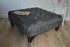 Square Chesterfield Deep Buttoned Footstool in Plush Grey Fabric With Mahogany Turned Wood Legs