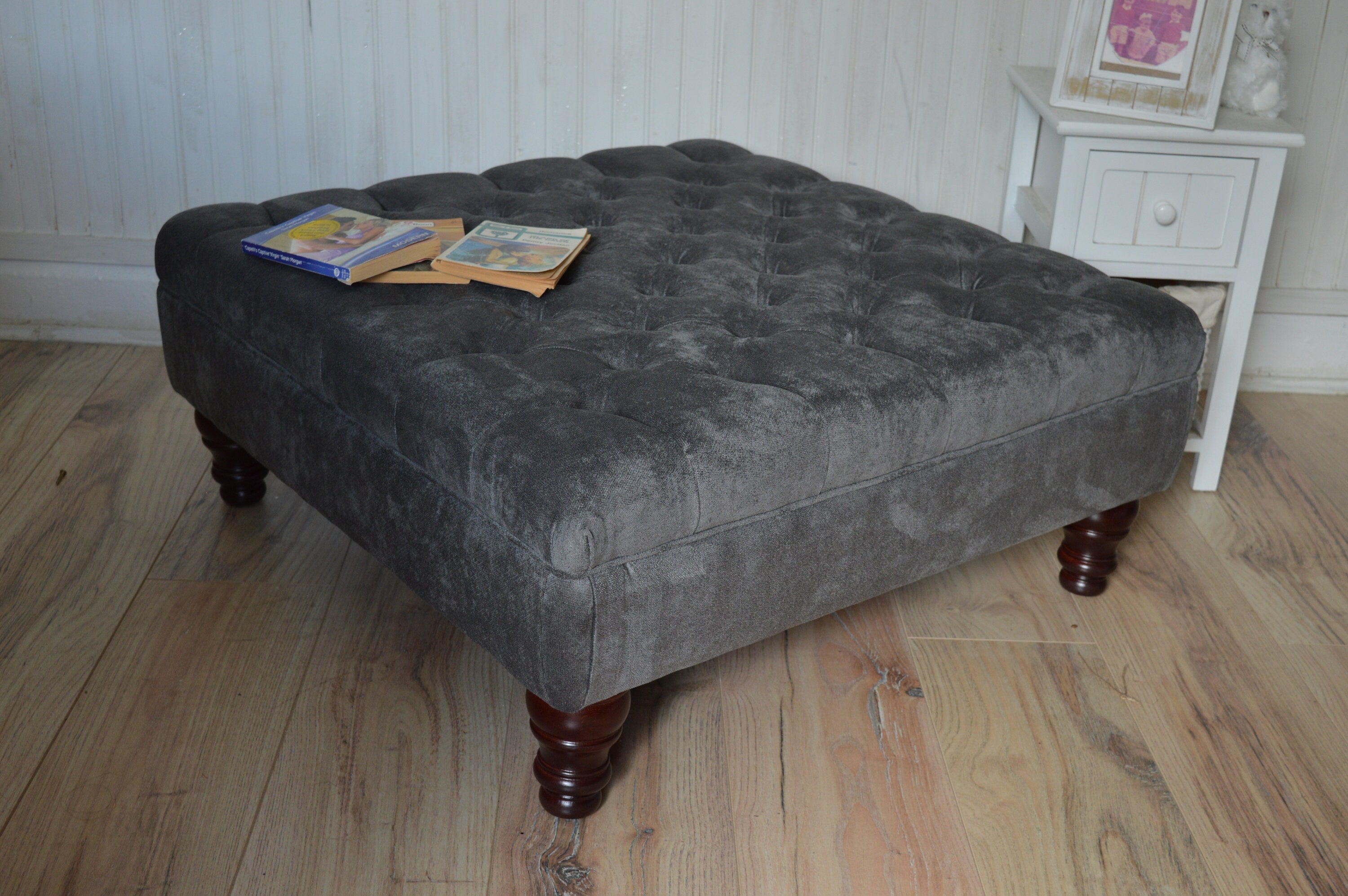 Square Chesterfield Deep Buttoned Footstool in Plush Grey Fabric With Mahogany Turned Wood Legs