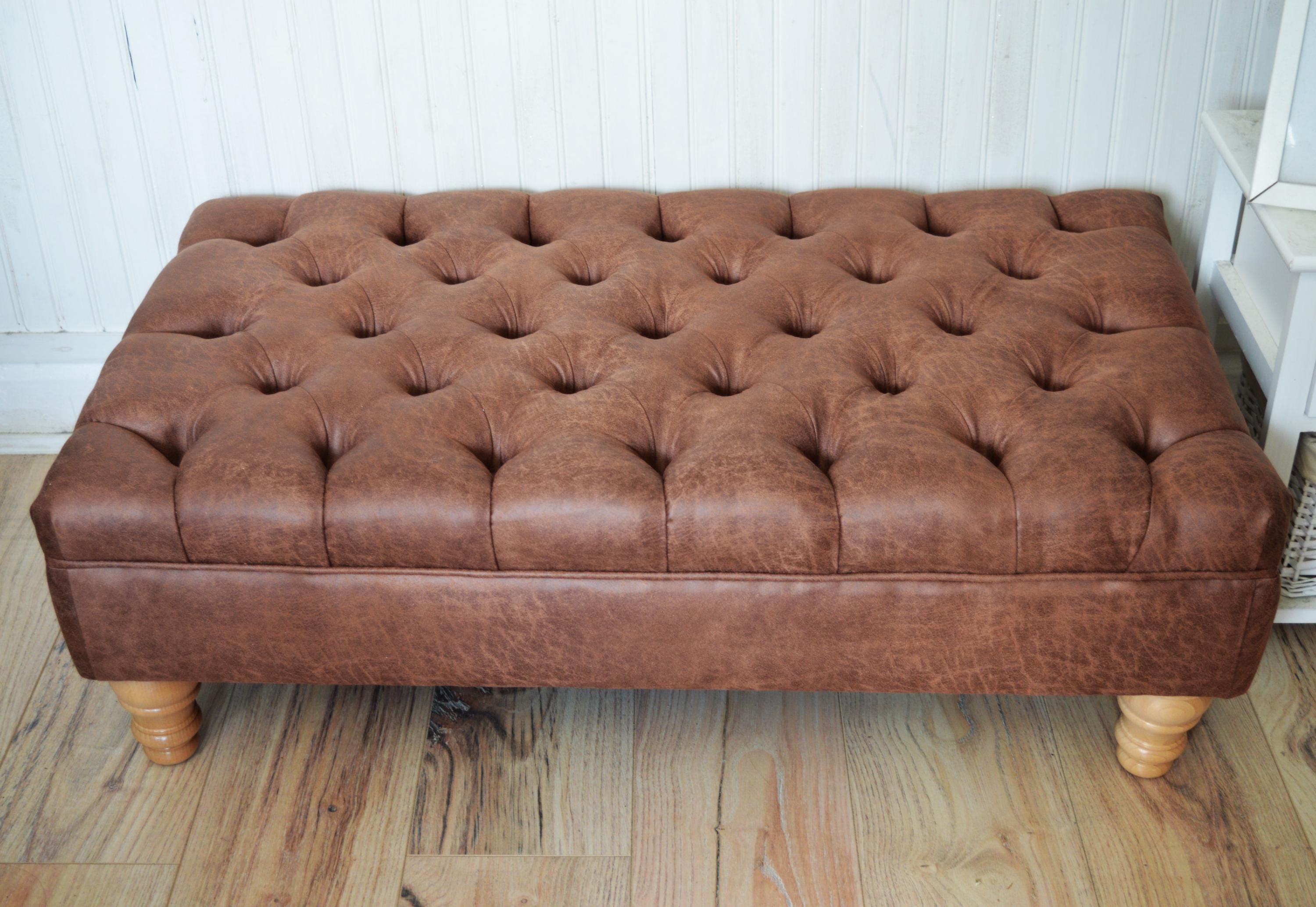 Handmade Antique Brown Faux Suede  Chesterfield Footstool – Ottoman – Coffee Table – Footrest – Oak Turned Hardwood Legs