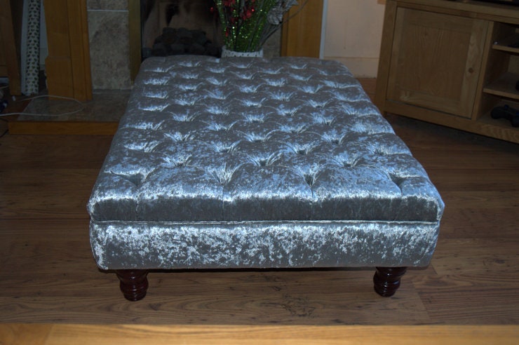 Chesterfield Extra Large Deep Buttoned Footstool in a Premium Crushed Silver Velvet With Turned Mahogany Hardwood Legs