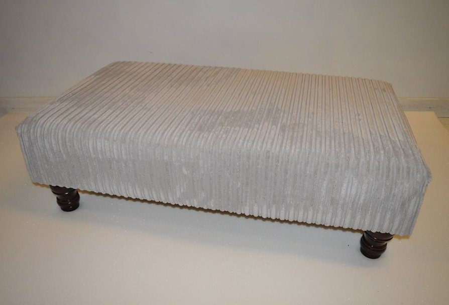Handmade Jumbo Cord Silver Footstool – Ottoman – Coffee Table – Footrest – Turned Hardwood Legs