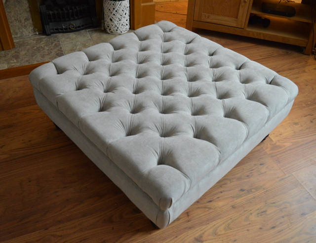 Square  Style Deep Buttoned Footstool in Casino Crush Silver Fabric With Turned Hard Wood Legs