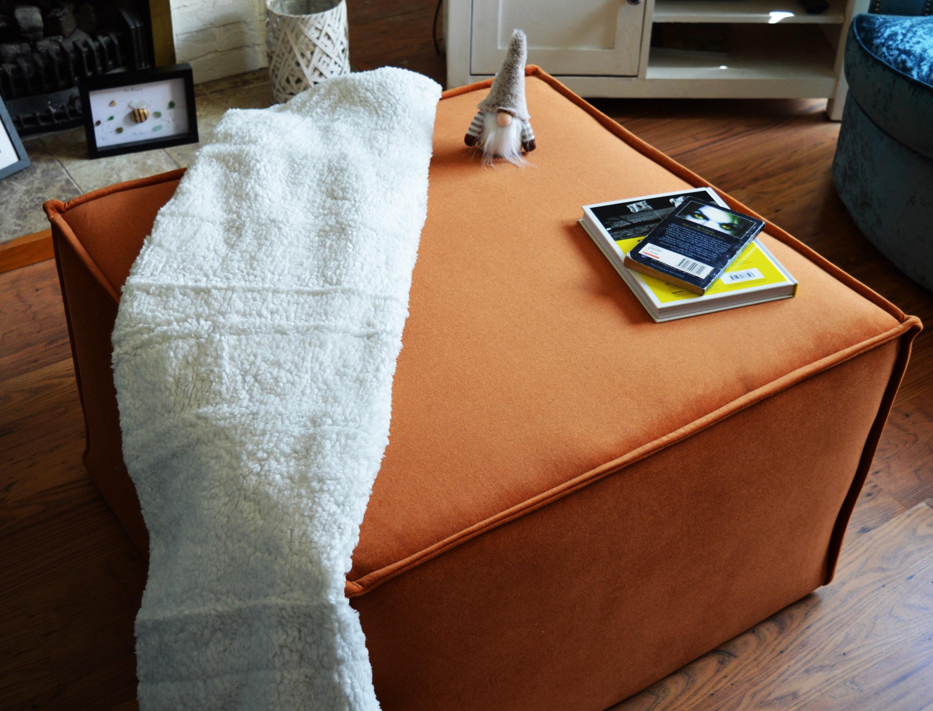 Extra Large Cube Design Footstool With Hemmed Trim in Burnt Orange Velvet Fabric