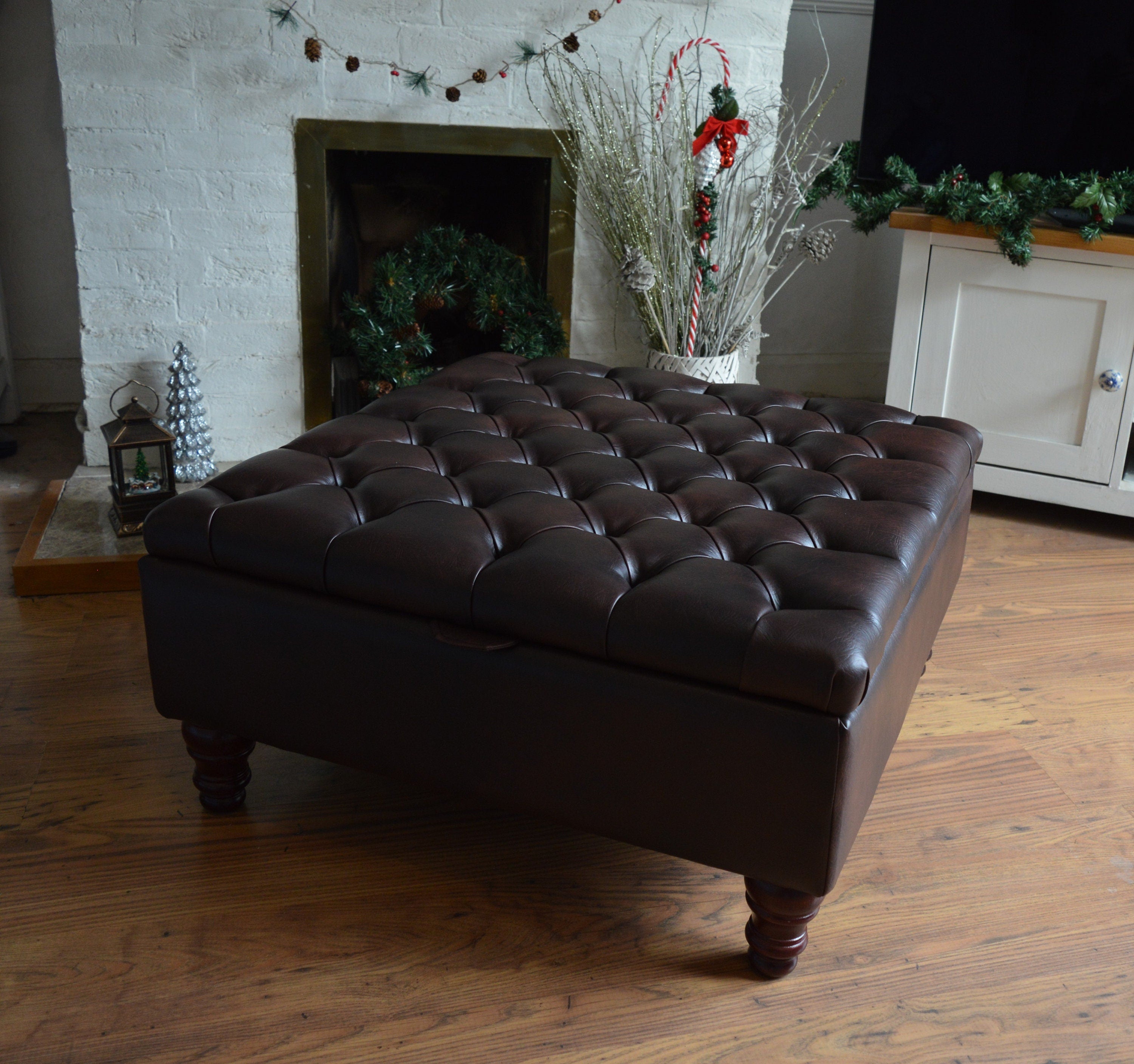 Extra Large Storage Square Chesterfield Deep Buttoned Footstool in Premium Dark Brown Faux Leather