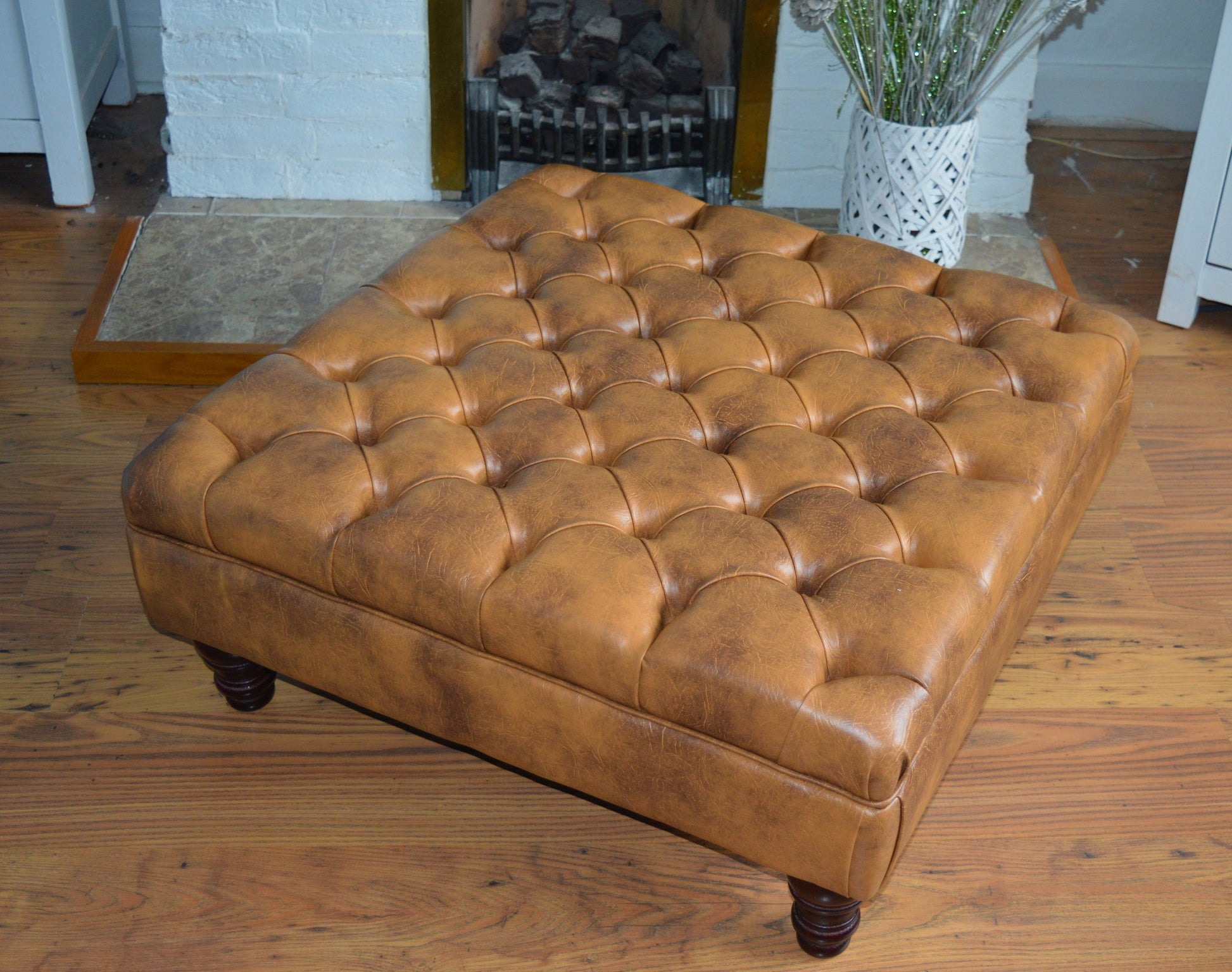 A Chesterfield Design Deep Buttoned Square Footstool in Premium Tan Faux Leather
