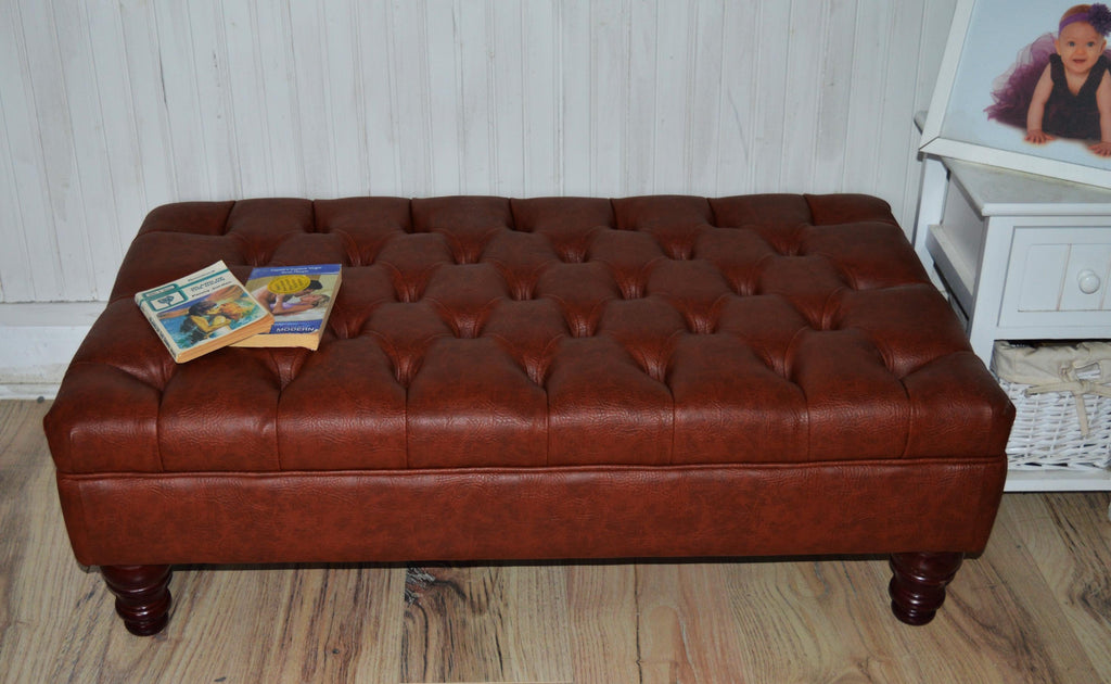 Chesterfield Design Footstool in Chestnut Brown Faux Leather With Mahogany Turned Hardwood Legs