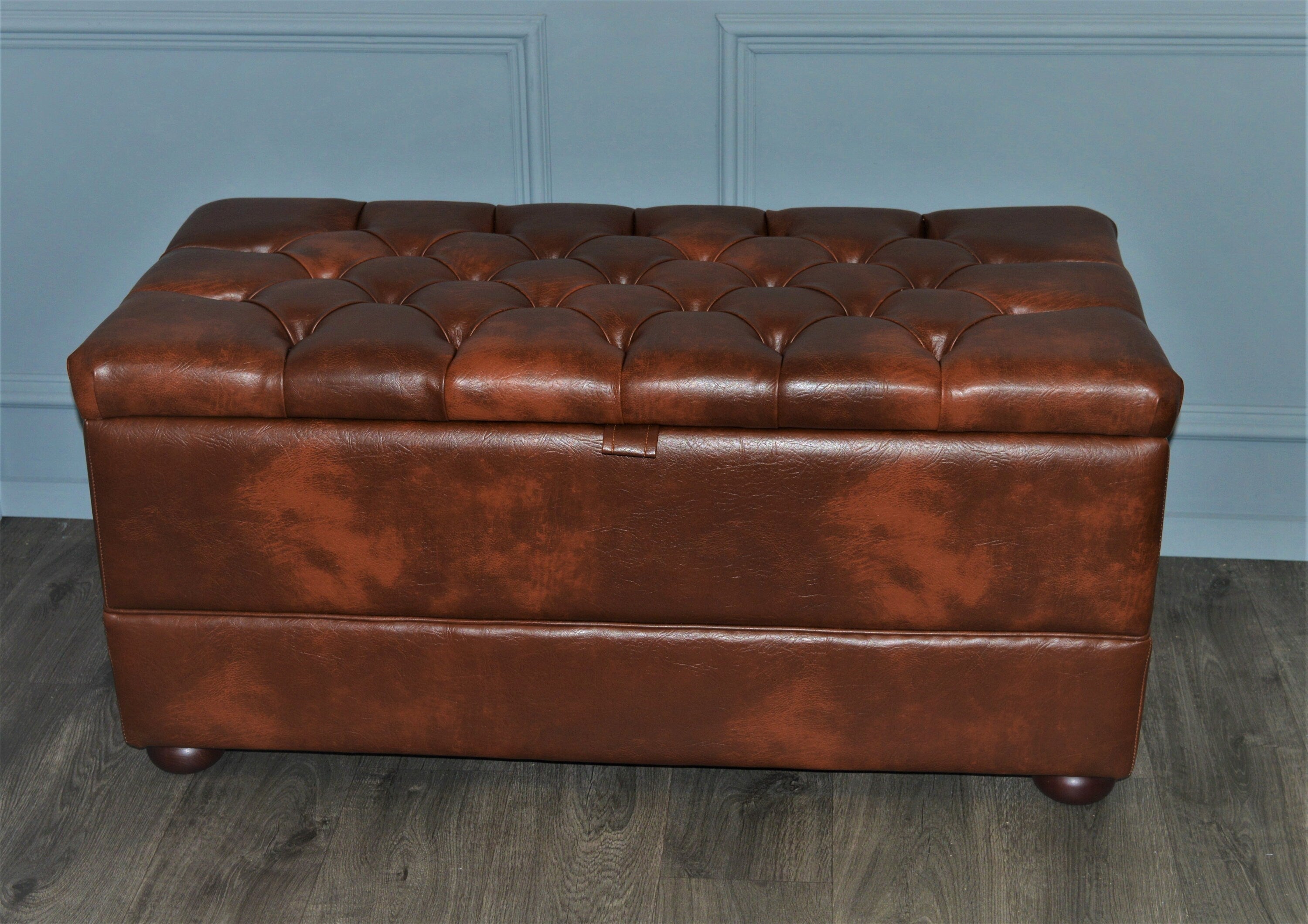 Chesterfield Style End of Bed Storage Bedding Box  in Premium Chestnut Faux Leather