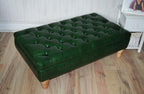 Chesterfield Style Deep Buttoned Footstool in Premium Green Faux Leather With Turned Oak Hardwood Legs