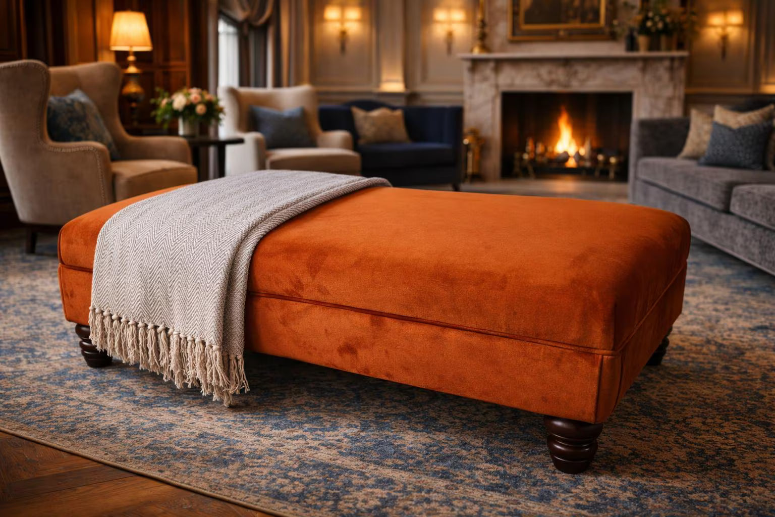 Flat Top Footstool with Piping Trim
