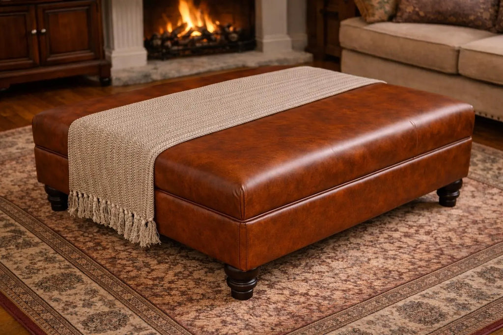 Large Flat Top Faux Leather Footstool with Piping | Handmade