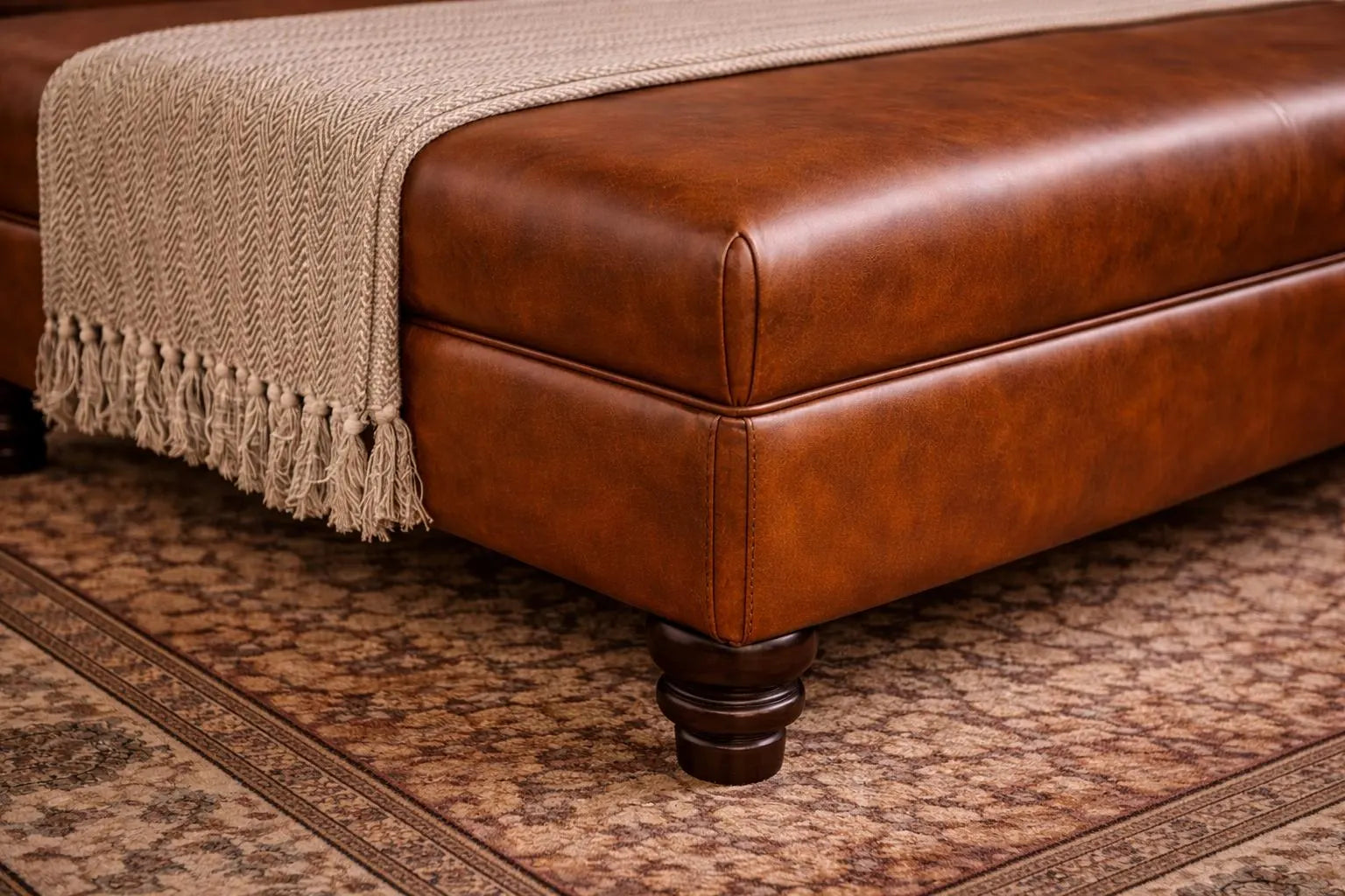 Large Flat Top Faux Leather Footstool with Piping | Handmade