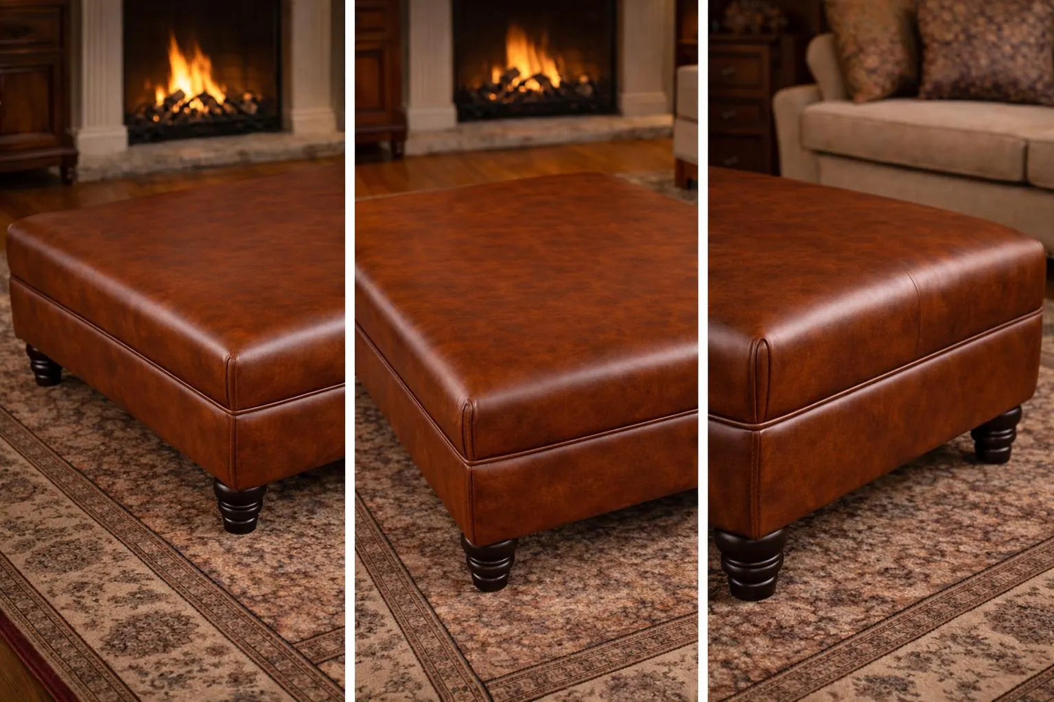Large Flat Top Faux Leather Footstool with Piping | Handmade