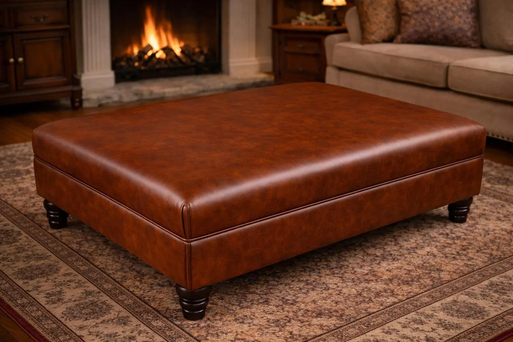 Large Flat Top Faux Leather Footstool with Piping | Handmade