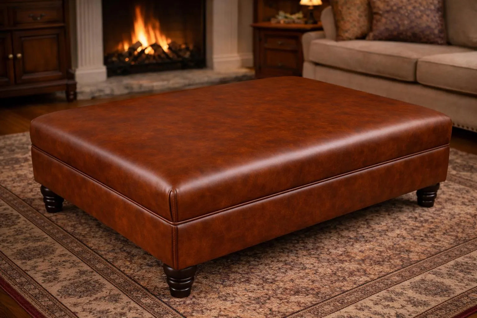 Large Flat Top Faux Leather Footstool with Piping | Handmade