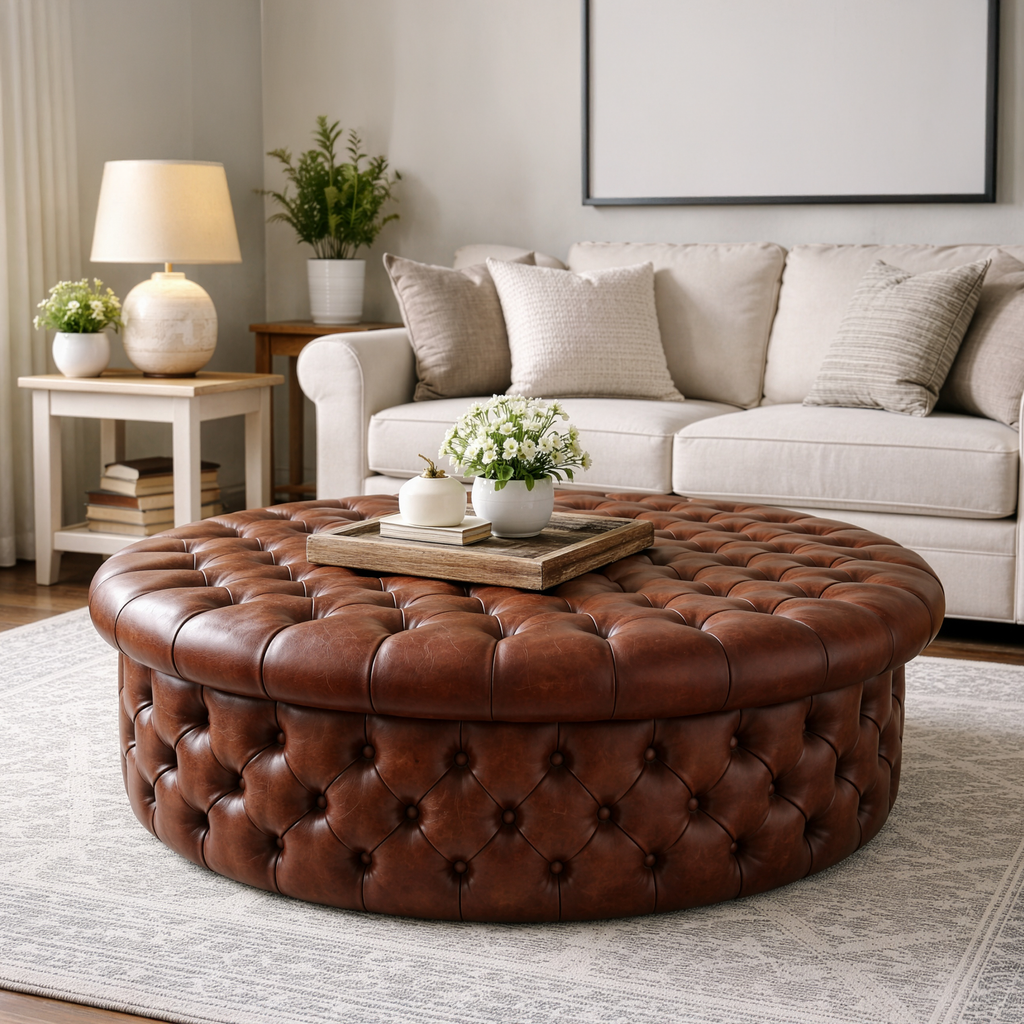 Round Chesterfield Footstool – Deep Buttoned Drum Ottoman in Faux Leather