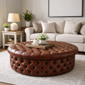 Round Chesterfield Footstool – Deep Buttoned Drum Ottoman in Faux Leather